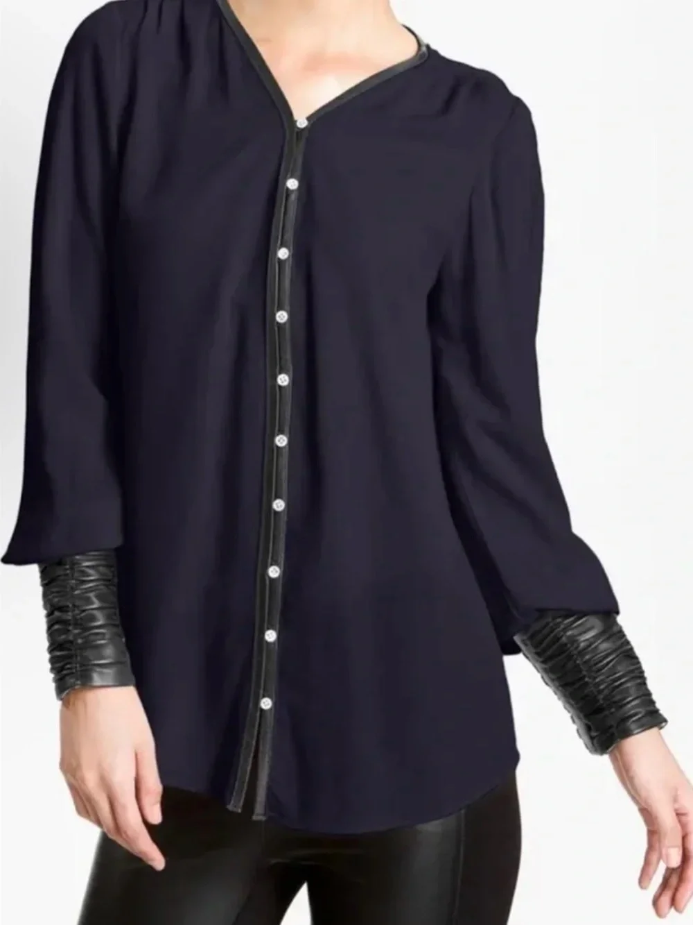 Elizabeth And James Navy Silk and Leather Chantal Blouse Size XS